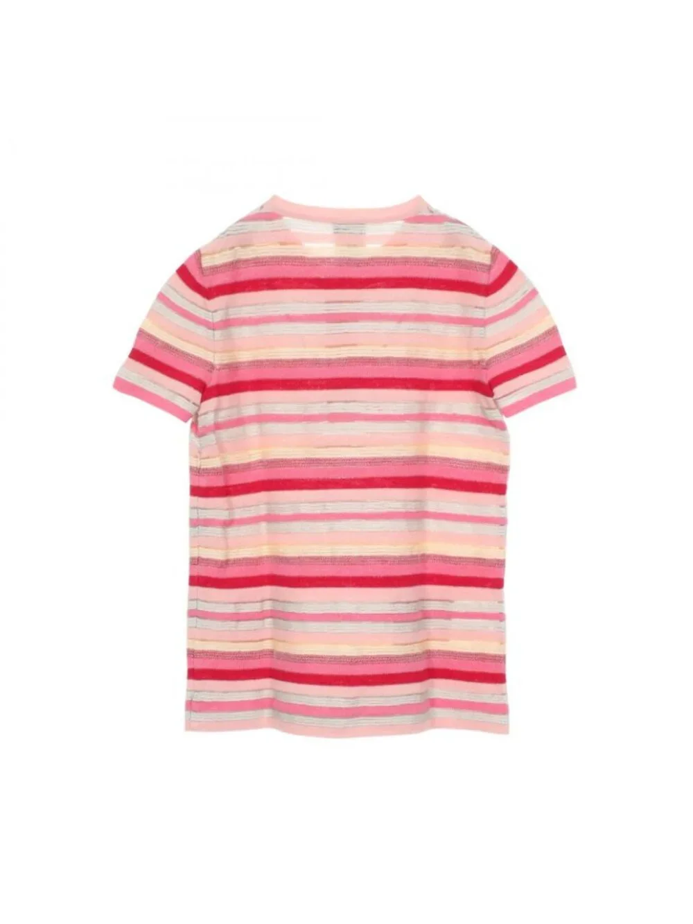 Chanel Top CC Logo Button Henley Neck Border Short Sleeve Pink Rayon Top